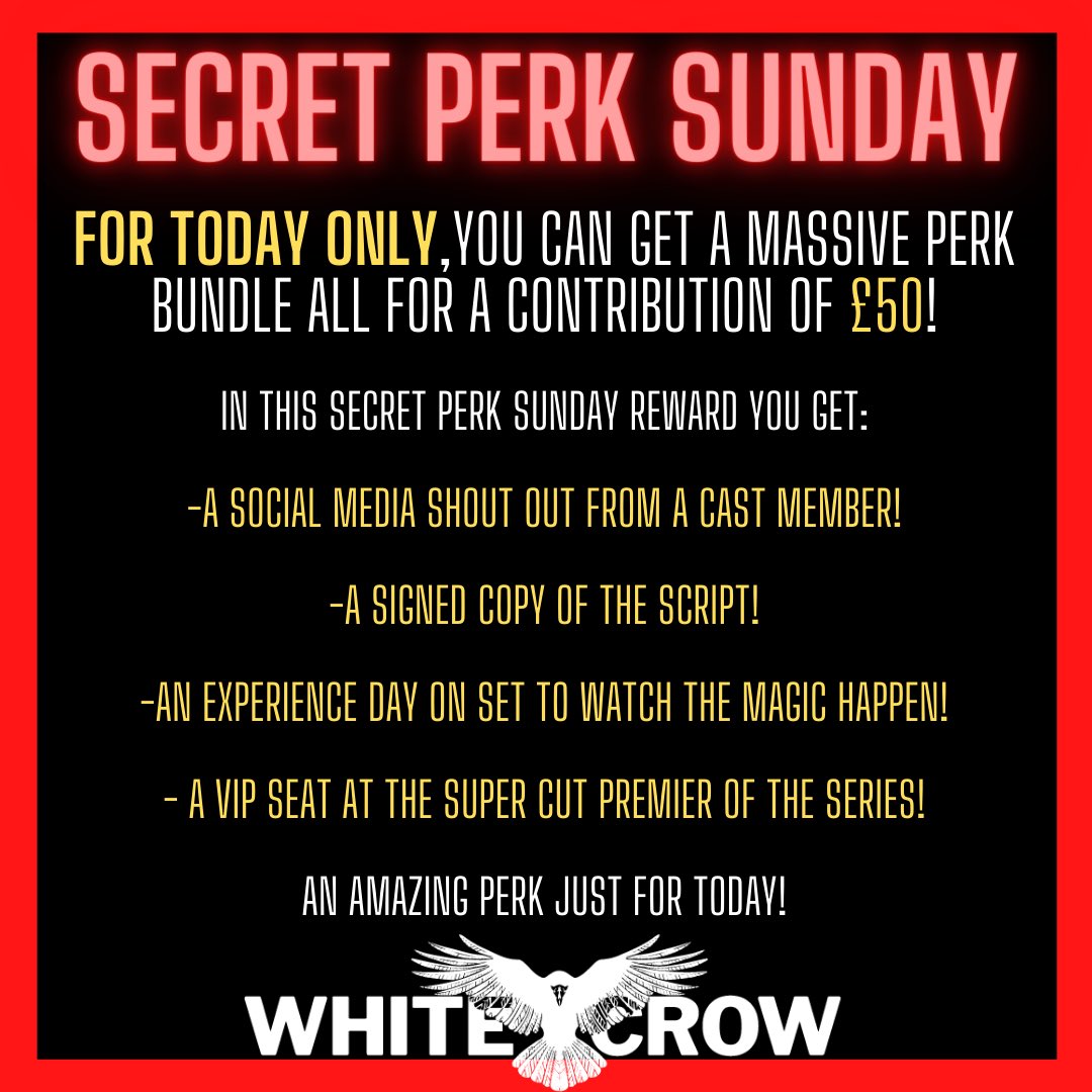 WhiteCrowMovie's tweet photo. 🔥Secret perk Sunday🔥

For today only, you can pick up a whopper of a #Perk in return for your  #support of our #crowdfunding #campaign! 

#Hurry though, there’s only 10 available 😱

Follow the exclusive link below, this link is only active today ⬇️♥️⬇️
https://t.co/LM6PaFJxkj https://t.co/z3CUIDIwrl