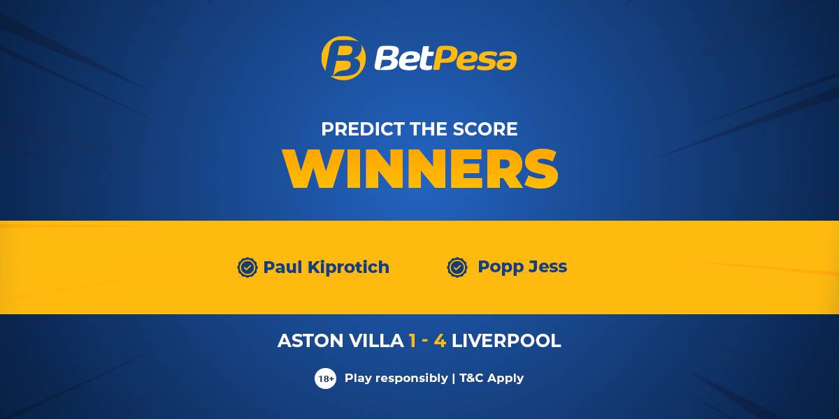 BetPesaKe's tweet image. Congratulations to our winners  #PredictScore 👏👏

👉 Correct score: Aston Villa 1 - 4 Liverpool 

Keep playing with BetPesa. We have more goodies coming your way 😉  #BetPesa