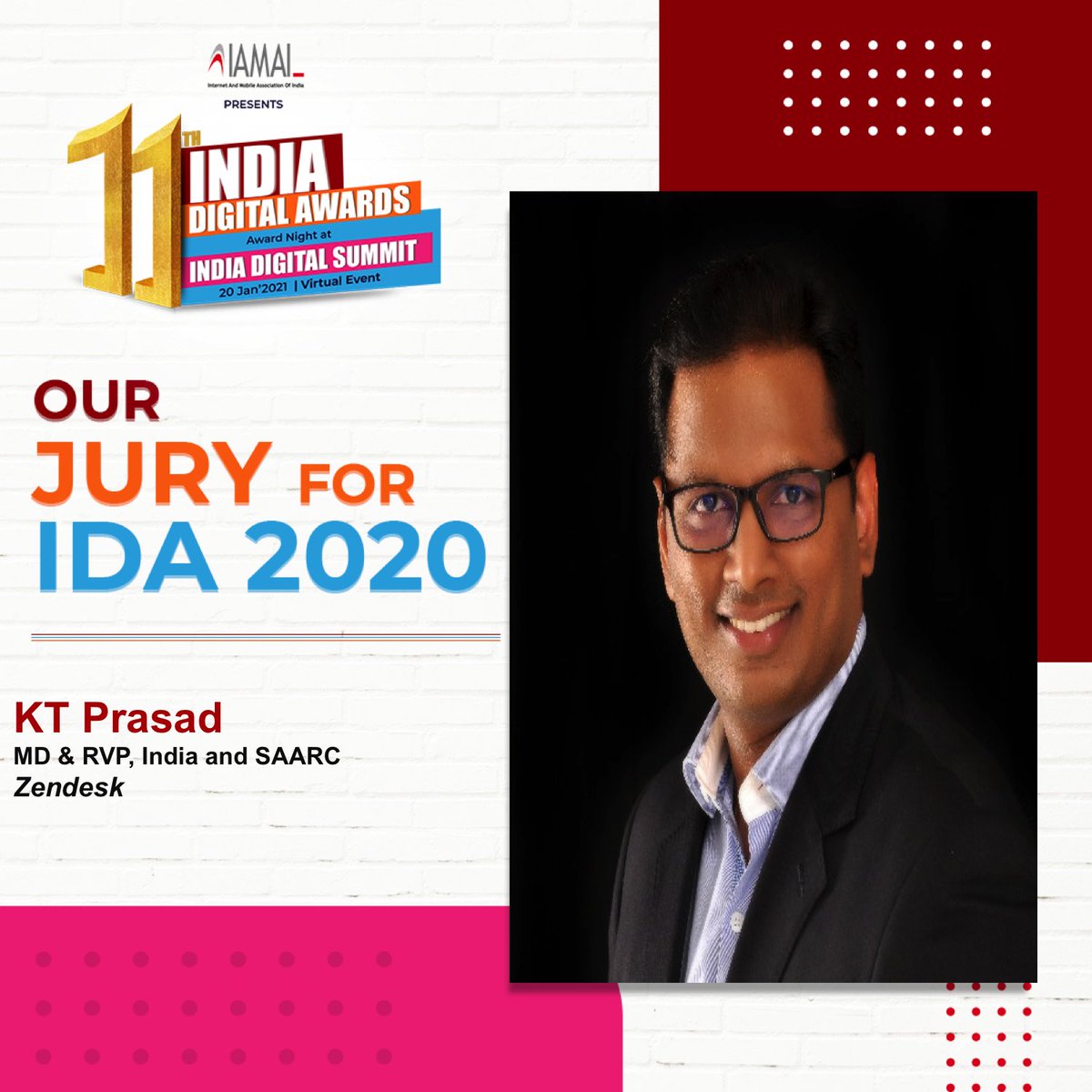 IAMAIForum's tweet photo. We are excited to announce jury member KT Prasad, MD & RVP, India and SAARC, @Zendesk for the 11th India Digital Awards.
#Digital #IndianAwards #Jury #11IDA #IDA2021.
Register to join us for #11IDA #15IDS: https://t.co/uYuIp8d3Ij https://t.co/pswZd1dsMR