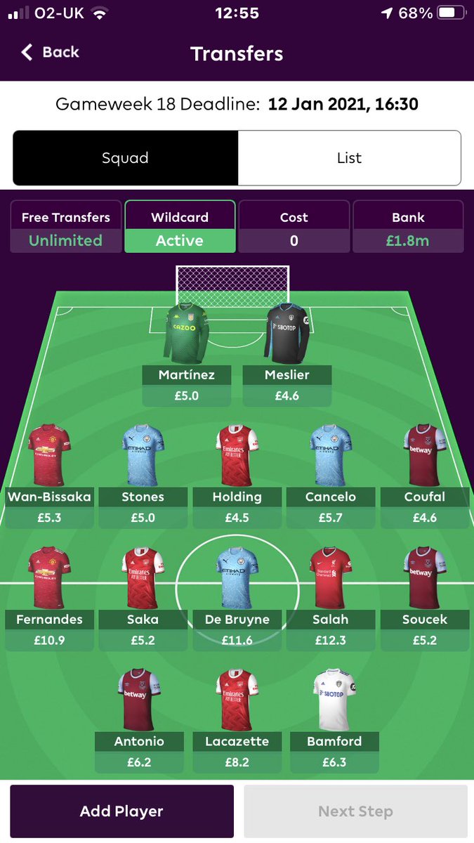 Gillychops's tweet photo. @FPLAcess @FplMode This is my WC (based on Spurs/Villa OFF). This gives me 10 players GW18. I’ll consider keeping 1 or 2 of the Arsenal players, but kept some £ITB to allow some GW19 changes https://t.co/2k9NTsarJA