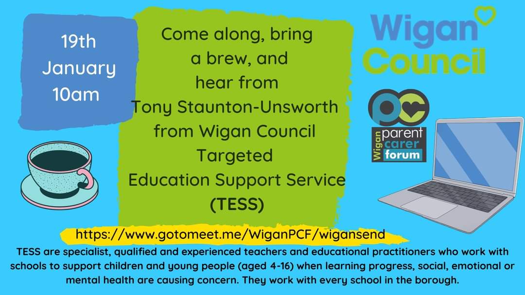Parent carer drop in with <a href="/WiganCouncil/">Wigan Council</a> Targeted Education Support Service Jan 19th 10am 💙🌈 #Wigan #SEND