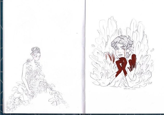 I just scanned my sketchbook. Lol I can't fo properly the art with Taehyung's transformation 😭😭😭 I did a very bloody once but I am afraid I will loose followers after it. because my art is normally cute 