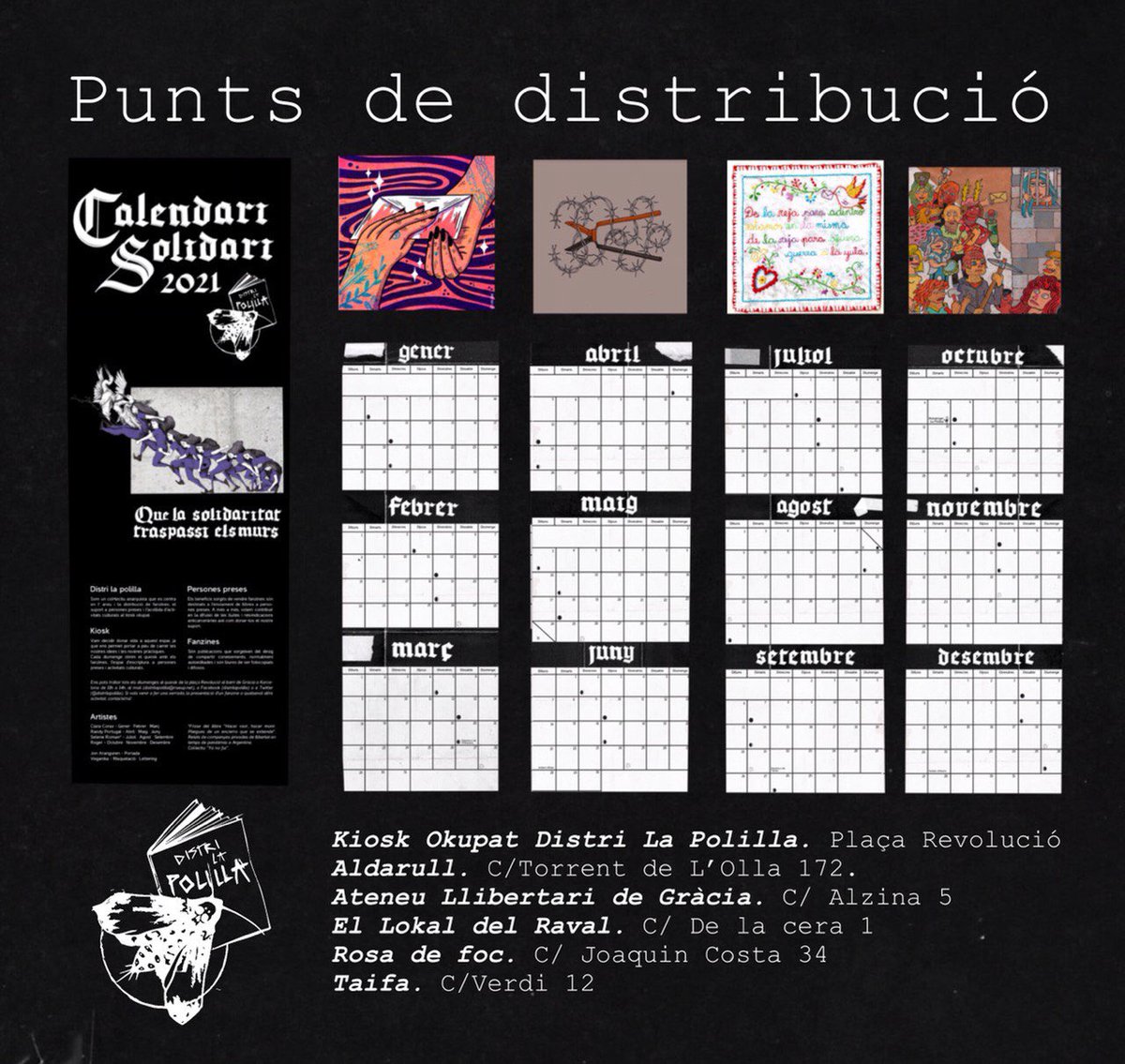 📅Calendari Solidari Distri La Polilla 2021📅

Per cinquè any consecutiu tornem a treure el Calendari Solidari Distri La Polilla, ens troben en una situació on el control social ha augmentat fora i dins de les presons. 
⬇️