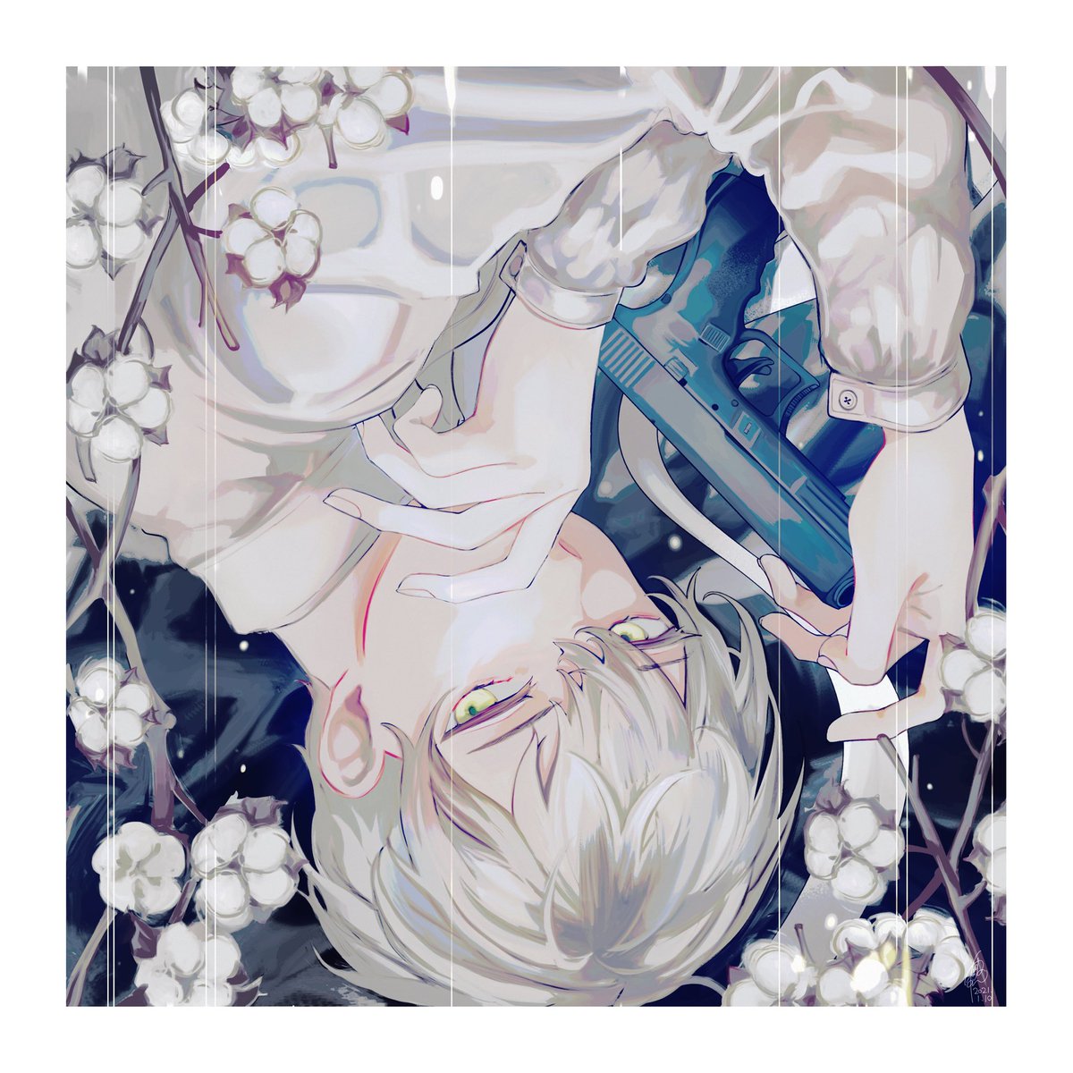 1boy male focus solo flower gun looking at viewer shirt  illustration images