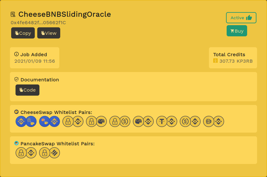 🔒New KP3RB job added 👨‍💻
🔸Job Name: CheeseBNBSlidingOracle
🔸Contract: 0x4fe6482f5e5ba05ca01D9eE445f3c15905662f1C
🔸Whitelist Pair: 
info.cheeseswap.app/pair/0x51a162d…
info.cheeseswap.app/pair/0x2113ba4…
🔸Job Page: keep3rb.network/kp3rb/job/0x4f…
