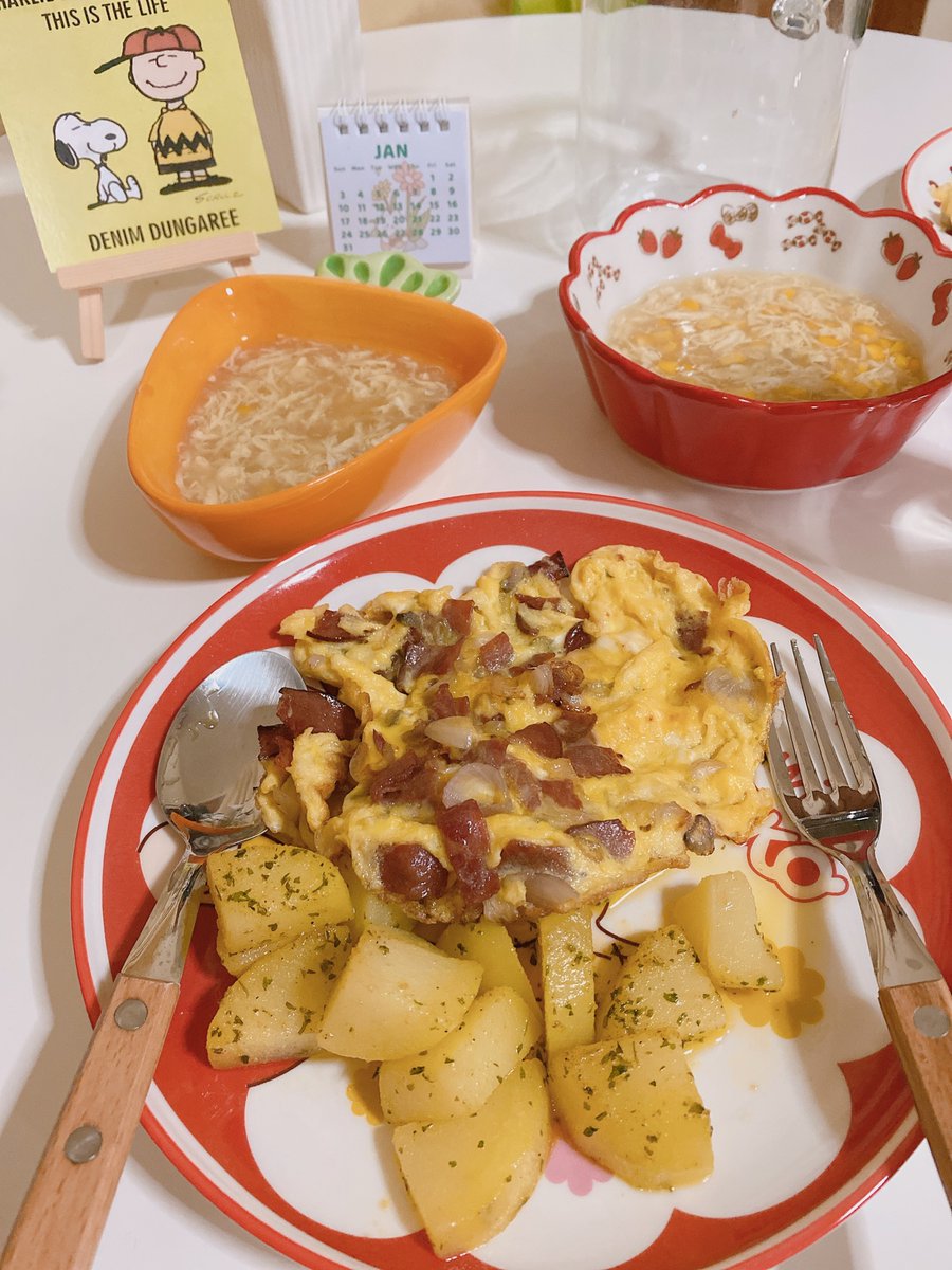 Diet menu: butter potato, scramble egg, egg soup. Solid and filling!