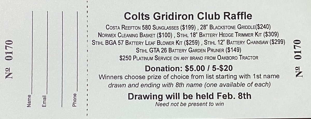 WSHS_Colts_FB's tweet photo. Fundraiser time. Our raffle is officially under way. Please see a player or you can DM me for tickets. Lots of great stuff on here to win. Pics to follow. @coltsgridiron https://t.co/GPfQVxTI6K