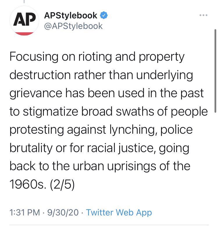In September,  @APStylebook (AP’s rules book for Journos) tweeted that “focusing on rioting and property destruction rather than underlying grievance has been used in the past to stigmatize broad swaths of people.”If a non-lib wrote such a thing, Twitter would ban the person.