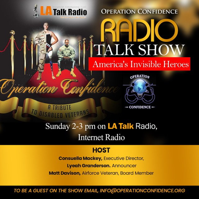 ConsuellaMackey's tweet photo. Operation Confidence " AMERICA'S INVISIBLE HEROES" on LA TALK RADIO an Internet that connects diverse audiences in local markets across the country. Veterans are provided with a platform to share heartfelt stories, resources, services, and accomplishments. https://t.co/d2FOicDBGe https://t.co/QZTqz9XGRH