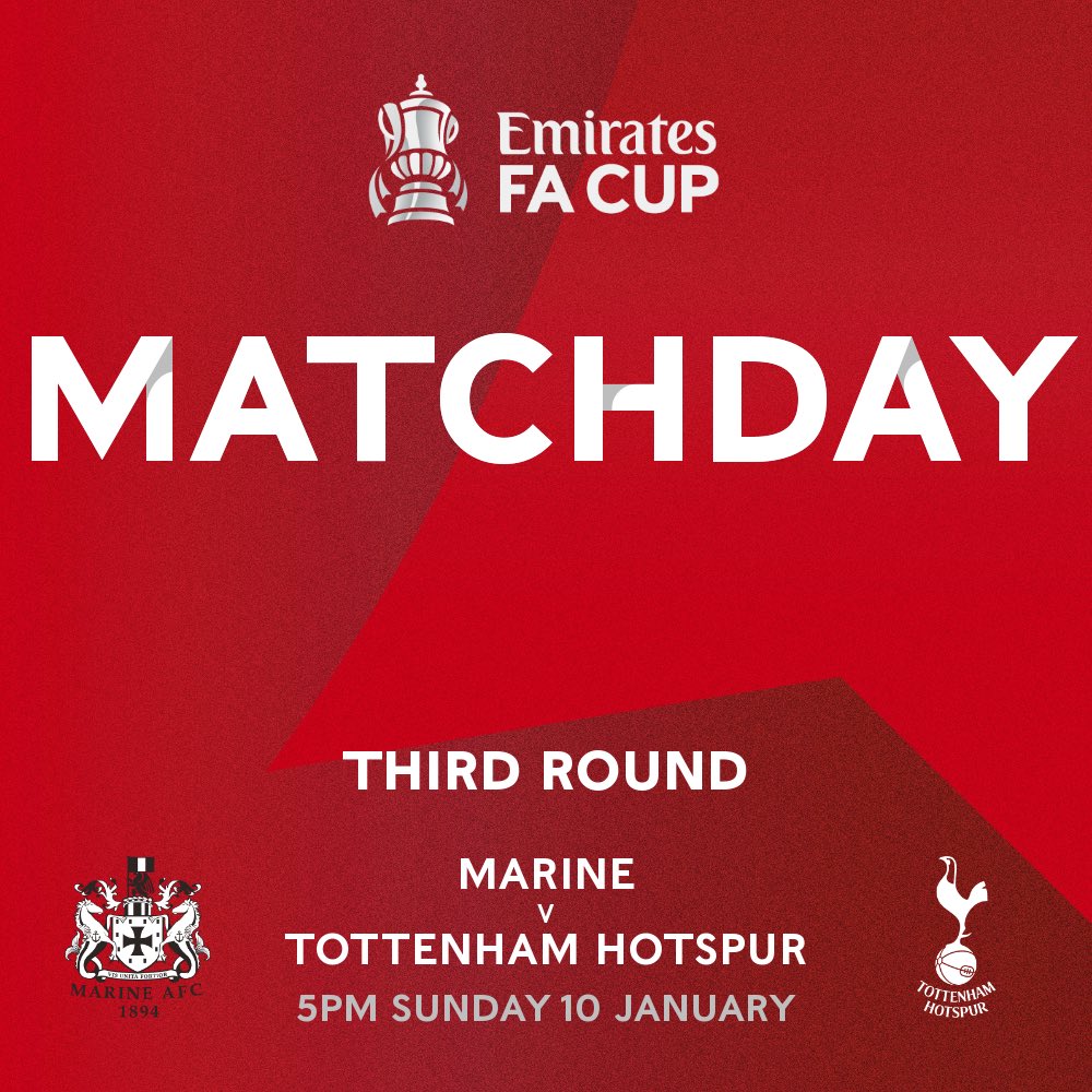 It’s the big one... MATCHDAY

⚽️ Marine v <a href="/SpursOfficial/">Tottenham Hotspur</a> 
📅 Sunday 10th January 2021
⏰ 5pm
🏆 <a href="/EmiratesFACup/">Emirates FA Cup</a> 
🛑 Behind closed doors
🎥 Live on <a href="/BBCOne/">BBC One</a> 
📻 Live radio coverage on <a href="/bbcmerseyside/">BBC Merseyside</a> 

#COYM