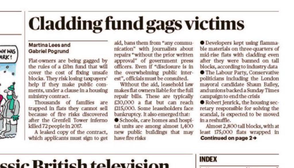 Today’s front cover of the @thesundaytimes Another big thank you to @Lees_Martina for continuing to cover the #claddingscandal on leaseholders behalf. #EndOurCladdingScandal @team_greenhalgh @mhclg @RobertJenrick