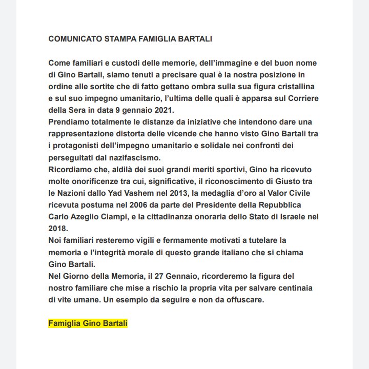 Comunicato #stampa famiglia #ginobartali a seguito dell'indegno articolo del <a href="/Corriere/">Corriere della Sera</a> che getta ombra sulla figura cristallina del nostro familiare #lisabartali #famigliaBartali
