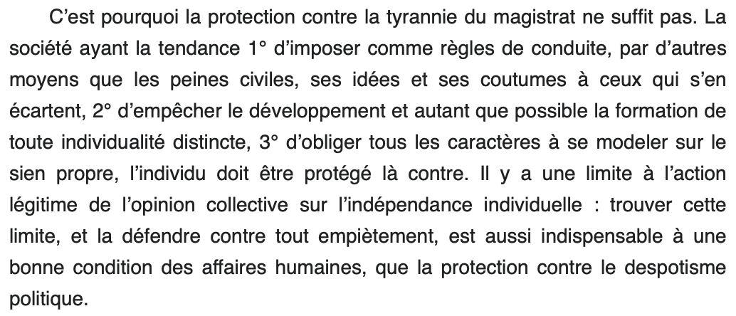 Même chose avec cette idée que la liberté d'expression ne concernerait que les restrictions par le gouvernement. Il suffit de lire John Stuart Mill dans On Liberty pour voir qu'il n'avait pas une conception aussi étroite de la liberté d'expression.  https://twitter.com/ordrespontane/status/1347897322307526656