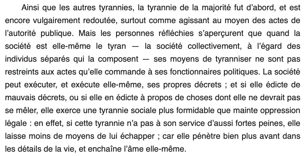 Même chose avec cette idée que la liberté d'expression ne concernerait que les restrictions par le gouvernement. Il suffit de lire John Stuart Mill dans On Liberty pour voir qu'il n'avait pas une conception aussi étroite de la liberté d'expression.  https://twitter.com/ordrespontane/status/1347897322307526656