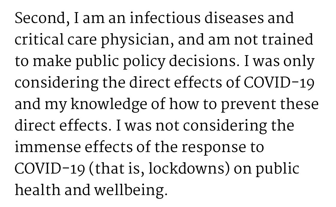 This humility is so incredibly rare and so refreshing. The reaction to any one pandemic should never only consider the effect of those policies on the pandemic. As with every other policy decision, it is a question of how any potential advantages are balanced against likely harms