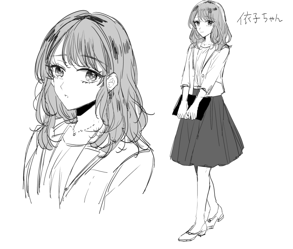 依子ちゃんのキャララフです!毛先を大きめにゆるく内巻きにしてるヘアスタイルにしました。営業部の皆さんは基本スーツなので、可愛い系の依子ちゃんの洋服は描くのが楽しかったです!お部屋でくつろいでる時は髪を結ってたりするのかな?可愛いです!(ただの読者の妄想) 