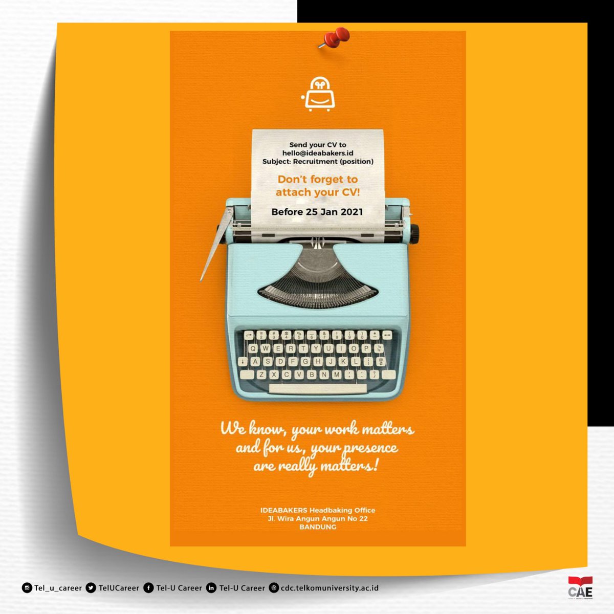 TelUCareer's tweet photo. [ FULL TIME ]
IDEABAKERS
Position : Data Analyst Manager (DAM)
Send your CV via email : hello@ideabakers.id
Subject : Recruitment (position)
*Before 25 Jan 2021*
#lowongankerja #infoloker #lowongan2021 #lowonganterbaru #lowonganbandung #lokerbandung #lokerdataanalyst https://t.co/ctNSMQtkrq