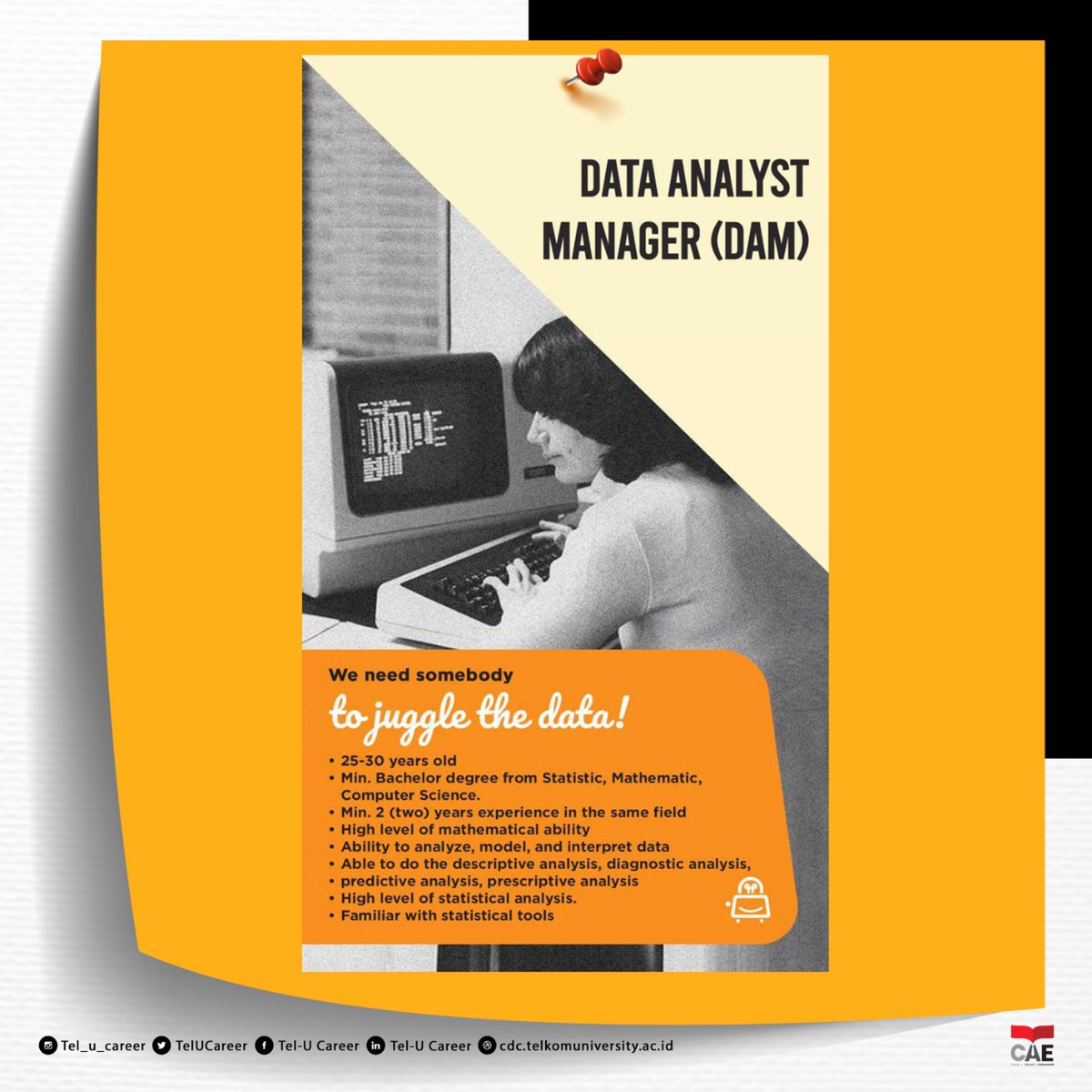 TelUCareer's tweet photo. [ FULL TIME ]
IDEABAKERS
Position : Data Analyst Manager (DAM)
Send your CV via email : hello@ideabakers.id
Subject : Recruitment (position)
*Before 25 Jan 2021*
#lowongankerja #infoloker #lowongan2021 #lowonganterbaru #lowonganbandung #lokerbandung #lokerdataanalyst https://t.co/ctNSMQtkrq