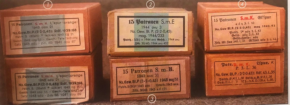 Common 7.92 ammo were;1. Patr. SmK. Leuchtspur (tracer)Often loaded to MG belts on 1 in 5 ratio. The burn would disappear after c.900m. Several colours were used & rounds had a black bullet tip & red primer annulus. 5)