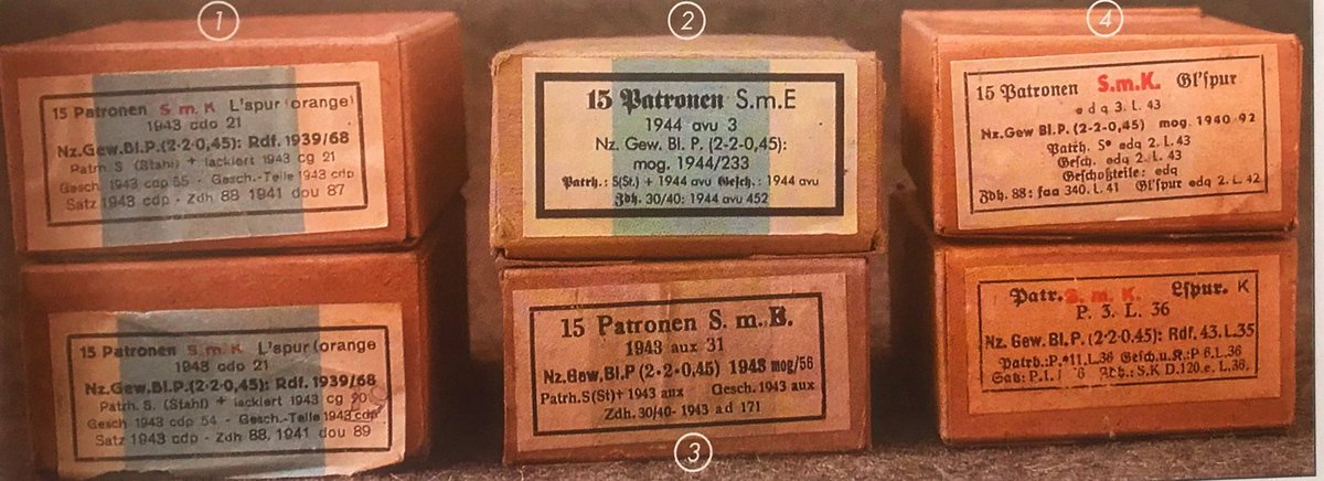 2. Patr. SmE. Spitzgeschoss mit Eisernkern (pointed with iron core)By 1942 efforts to economise on lead meant this round had a steel core wrapped in galvanised zinc. Marked with blue primer annulus. 6)