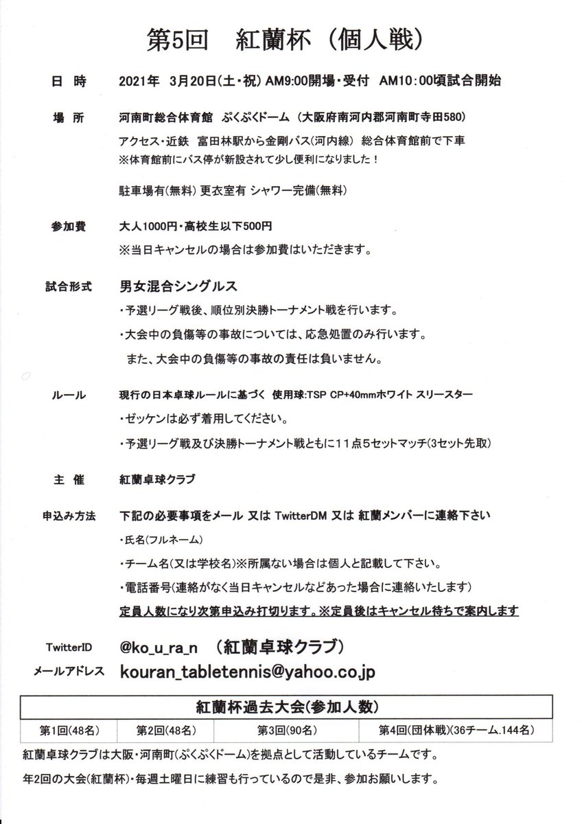 紅蘭卓球クラブ 紅蘭杯申込みお願いします まだ開催決まってないですが開催できる方法を模索中です 申込みだけはお早めに T Co Cacinm3kxd