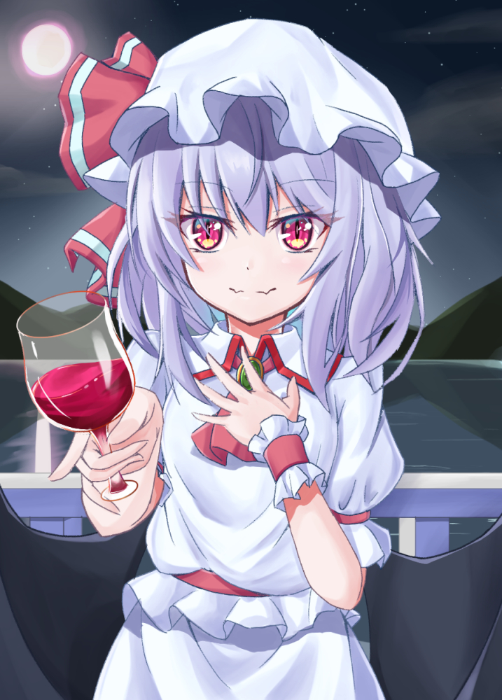 remilia scarlet 1girl hat solo mob cap cup wine glass drinking glass  illustration images