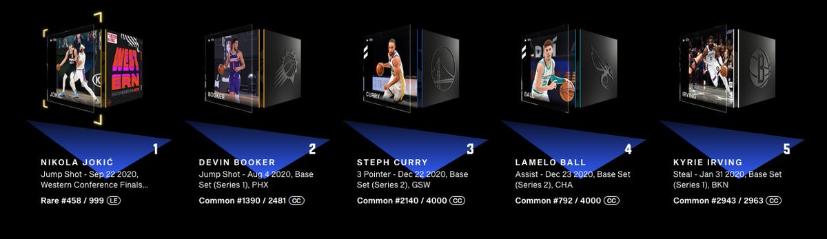 It's also the first time Top Shotters get to use the actual PLAYS featured in the moments they own.My lineup:My Kyrie Steal moment = Points when Kyrie gets a stealJokic Jumper moment = Points for Jokic JumpersCurry 3p moment = Points!3/4 