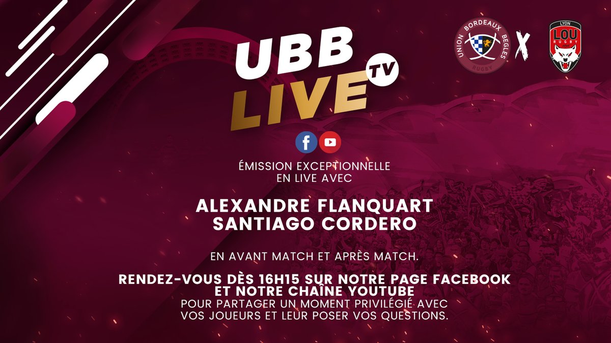 📺 UBB Live TV

Vivez l'avant-match et l'après-match de #UBBLOU en direct de Chaban avec l'UBB Live TV ❗

Posez vos questions en direct sur notre page Facebook à <a href="/A_Flanquart/">Alexandre Flanquart</a> et <a href="/santicordero15/">santiago cordero</a>, retrouvez également l'émission en live sur YouTube !

#ILOVEUBB #Bordeaux