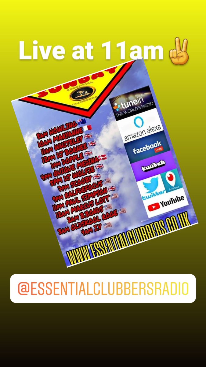 Live in 10mins ✌😎
TUNE IN THIS MORNING 11-12 (UK 🇬🇧) 

Essential Clubbers Radio
Bringing the house inspired vibe.
Listen here 👇
essentialclubbers.co.uk
#NowPlaying - 
TuneIn Radio! tun.in/sffLX
Alexa, Siri, Google:
"Play Essential Clubbers Radio"

<a href="/NewAcid/">Acido</a> <a href="/rtItBot/">Retweets #rtitbot tweets!</a>