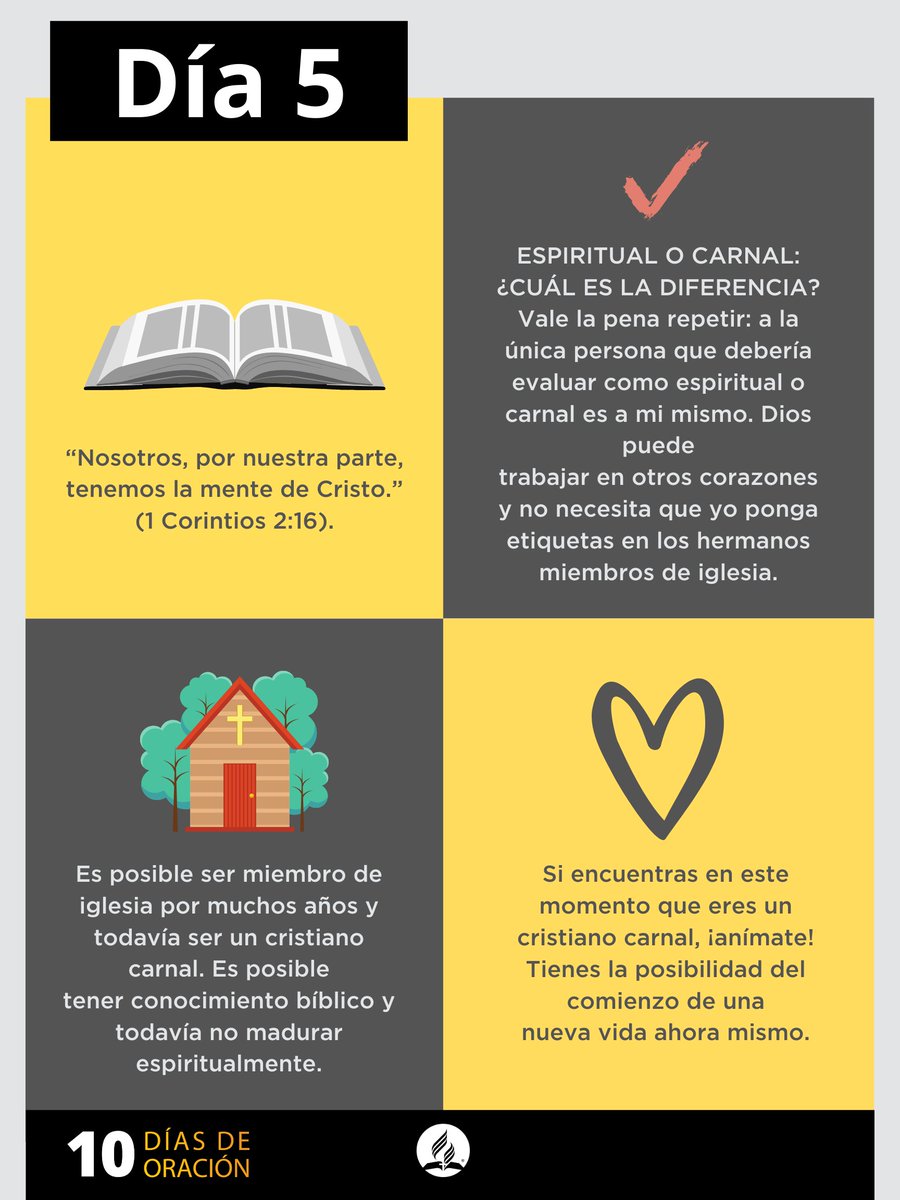 AdventistasDIA's tweet photo. Estamos en el día 5 de los #10DíasDeOración2021. Hoy te invitamos a hacer un análisis de tu vida cristiana. ¿Es una vida espiritual o carnal? No importa en qué punto estés, sino la decisión que puedes tomar hoy. Decide tener la mente de Cristo. https://t.co/SzVNLeXrc2