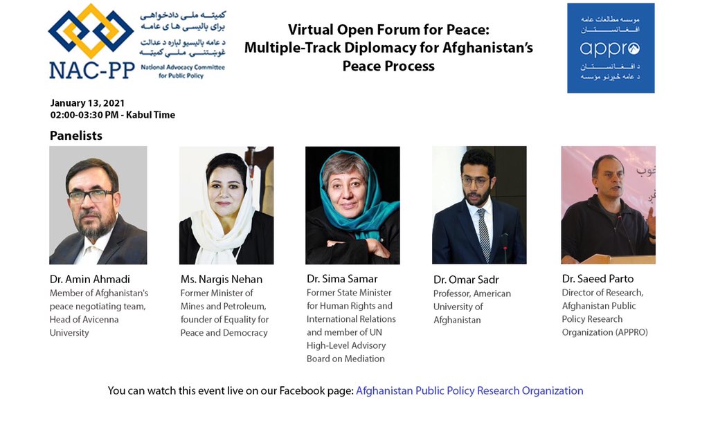 APPROCenter's tweet photo. Tune in for our Virtual Open Forum for Peace: Multiple-Track Diplomacy for Afghanistan’s Peace Process, to be held on January 13, 2021, from 2:00-3:30 PM Afghanistan Time. For more information and registration, visit: https://t.co/VrSLUrrzFQ #Open_Forum #Afghan_Peace_Process https://t.co/6ZmgrxctNc
