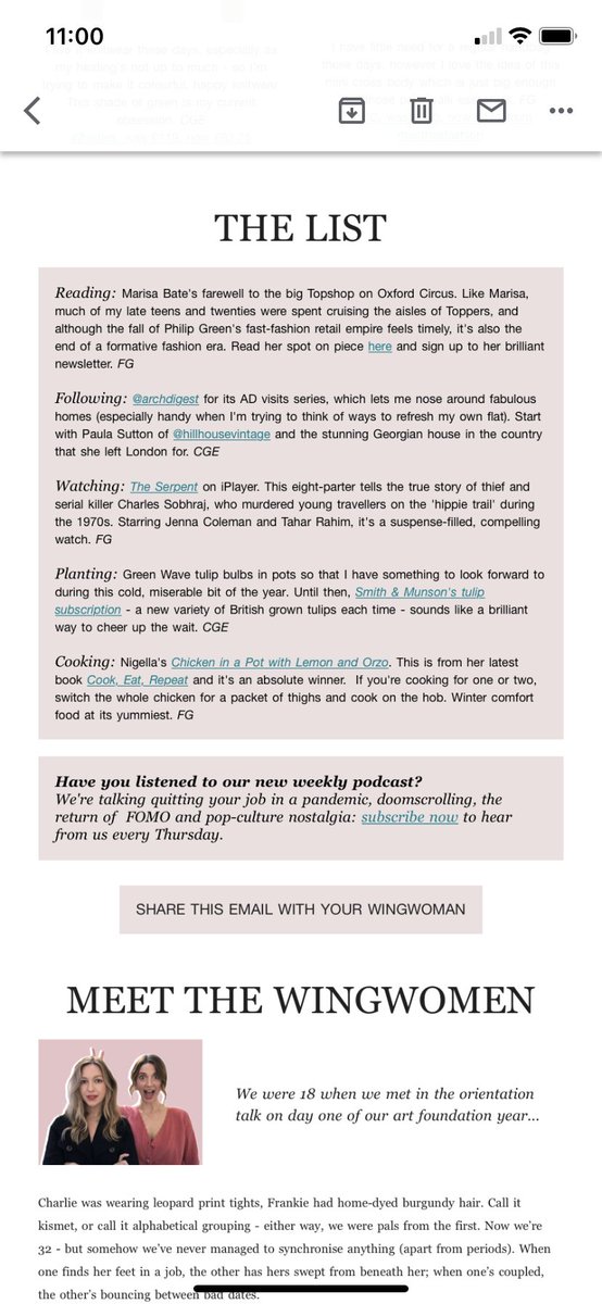Glorious to see the return of <a href="/TheWingwoman_/">The Wingwoman</a>  in my inbox and especially glorious to see that writing about women got it’s first nod. Thank you dream <a href="/FrankieGrad/">Frankie Graddon</a> and <a href="/CharlieGowans/">Charlie G-E</a> 🙏