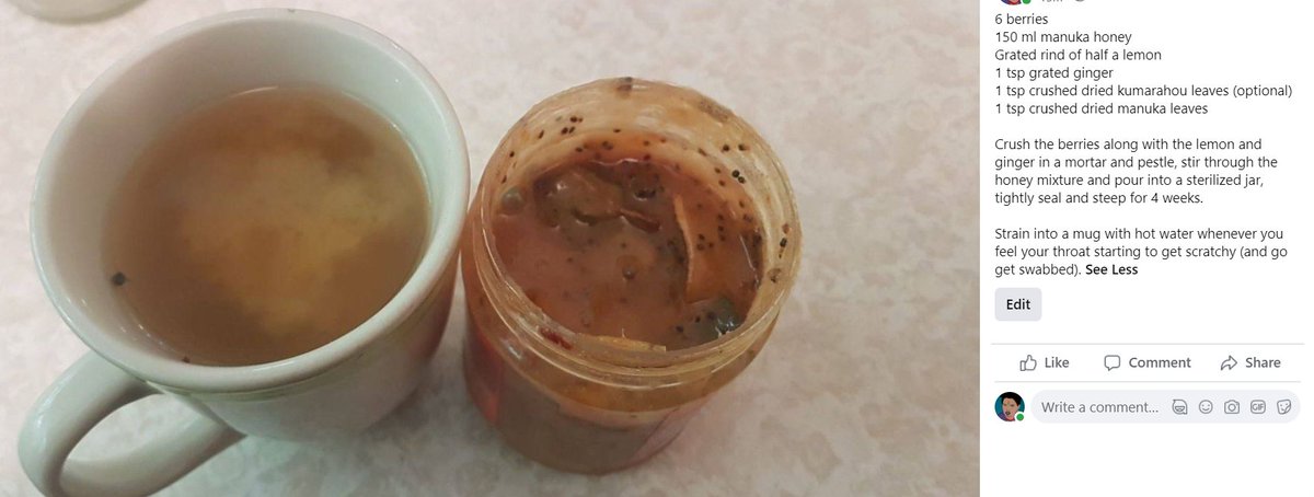 3. Return kawakawa waste to the whenua. These arent super tapu recipes but still, treat kawakawa well its kai rangatira, & its just good practice to return natural kai back to nature. [image: recipe for elixir & image of mug & jar of elixir]