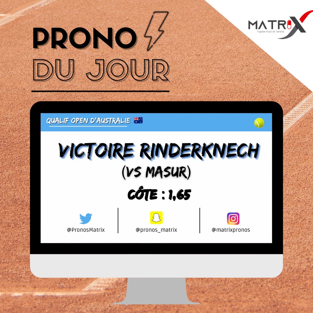 PronosMatrix's tweet image. Tennis🎾/ Qualif Open d’Australie🇦🇺

💥Victoire Rinderknech (VS Masur) 
@1,65

On va tenter de se rattraper après les pertes d’hier ! 
GL à ceux qui suivent 🤞🏼
RT / ❤️ pour le soutien 

#TeamParieur   👁