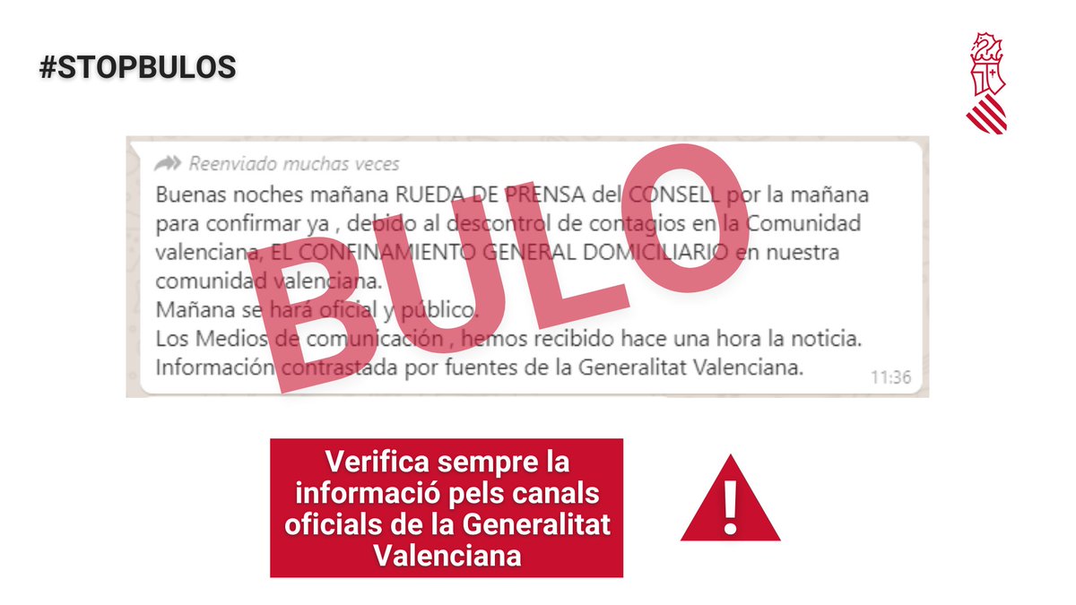 generalitat's tweet photo. 🚫📣 #StopBulos

📱Si t'arriba este missatge per Whatsapp o per xarxes socials sobre un suposat confinament domiciliari, es tracta d'un 'bulo'

✅ Verifica abans de difondre qualsevol notícia i informa't en els canals oficials de la Generalitat https://t.co/t1iotvkjZK