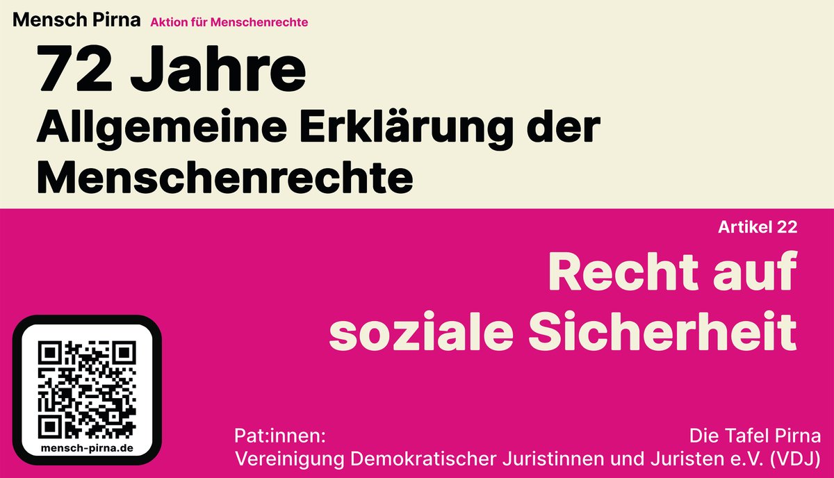MenschPirna's tweet photo. Es ist der 22. Januar und deshalb stellen wir heute den 22. Artikel der #Menschenrechte vor. Mit der Aktion #MenschPirna wollen wir in #Pirna, #Sachsen und #Deutschland auf die UN-Resolution von 1948 aufmerksam machen.

Webseite: https://t.co/giMZbU2H1U https://t.co/xoZxngnQSc