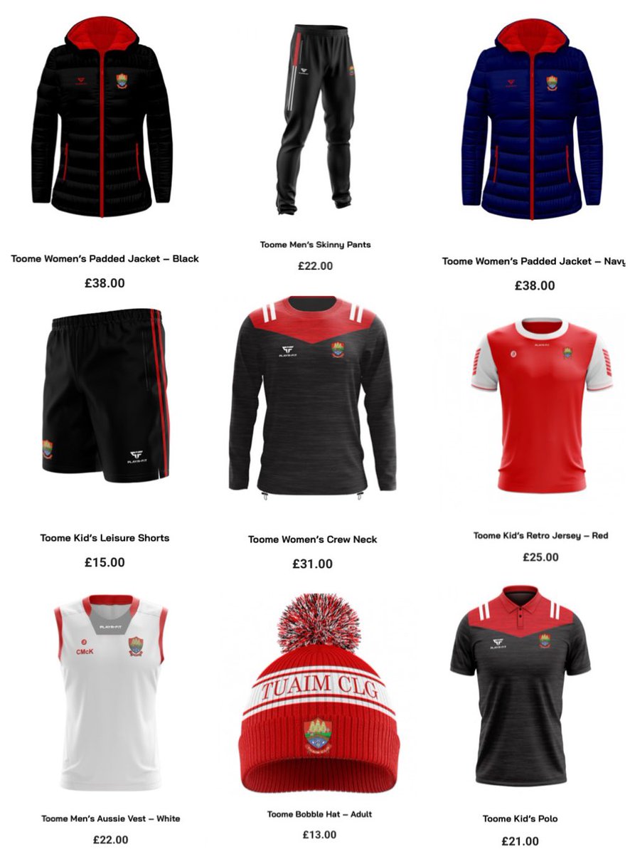 TuaimCLG's tweet photo. Lots of Toome GAA gear to choose from on @PlayrFit 👏This is just a selection of what is available in Men, Women &amp; Kids sizes 👍🏻
You can see more &amp; purchase here until Wed 27th January: https://t.co/4gry9Lckr0
For information on sizing please see here: https://t.co/bvoF8tLK4f https://t.co/Gj6ZvkN6ua
