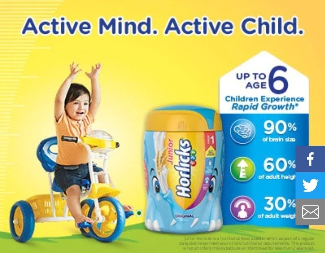 Horlicks for kids:Copy: As a parent, you'd want your kids to spend their early days active and creative. Colour: Yellow denotes creativity and vibrancy.