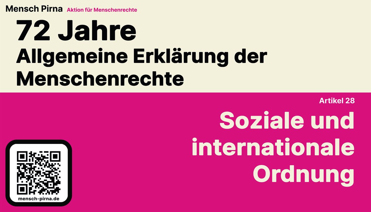 MenschPirna's tweet photo. Es ist der 28. Januar und deshalb stellen wir heute den 28. Artikel der #Menschenrechte vor. Mit der Aktion #MenschPirna wollen wir in #Pirna, #Sachsen und #Deutschland auf die UN-Resolution von 1948 aufmerksam machen.

Webseite: https://t.co/giMZbU2H1U https://t.co/JLlPsHD5dt