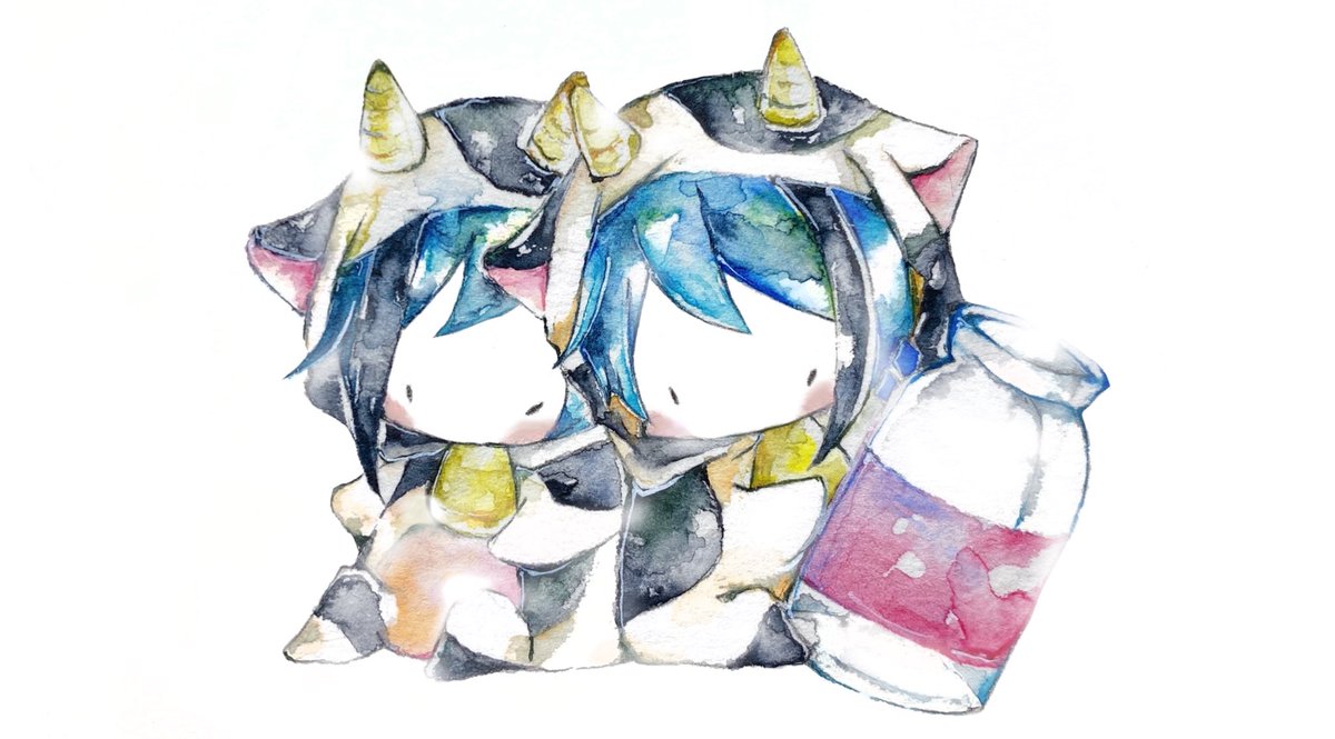 bottle animal print white background horns blue hair chibi simple background  illustration images
