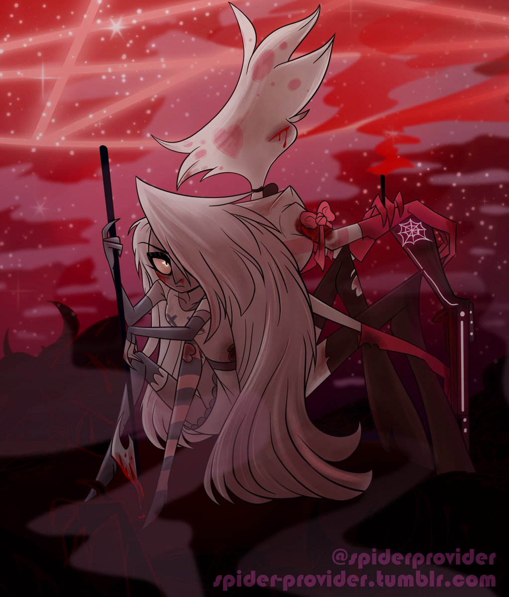 SpiderProvider's tweet image. wanted to practice line art on a low-stakes piece before finishing outstanding commissions, so i dug up this ancient wip i'm still kind of in love with. was super lazy with the background tho lol #HazbinHotel #AngelDust #Vaggie