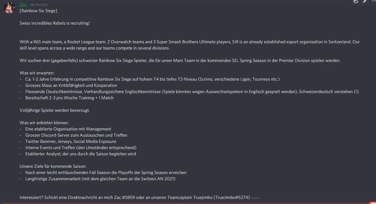 Zacsterrr's tweet image. @SwissIncRebels is recruiting!
If interested, hit us up on Discord (according to the post) or dm me. 
@LFT_R6_EU