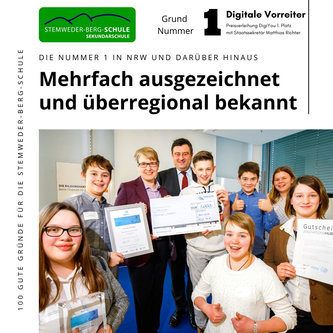 Wir präsentieren euch 100 gute Gründe für unsere Schule: Heute geht es los - wir sind die digitalen Vorreiter in NRW und haben schon bundesweite Preise gewonnen. <a href="/BildungslandNRW/">Bildungsland.NRW</a> #100gutegruende #schule #stemwede #sekundarschule #distanzunterricht #corona #lockdown #schulwechsel