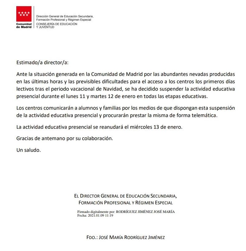 ampaceiprm's tweet photo. Recordad: suspendidas las clases por el temporal #Filomena hasta el miércoles https://t.co/B41r5LzPGS