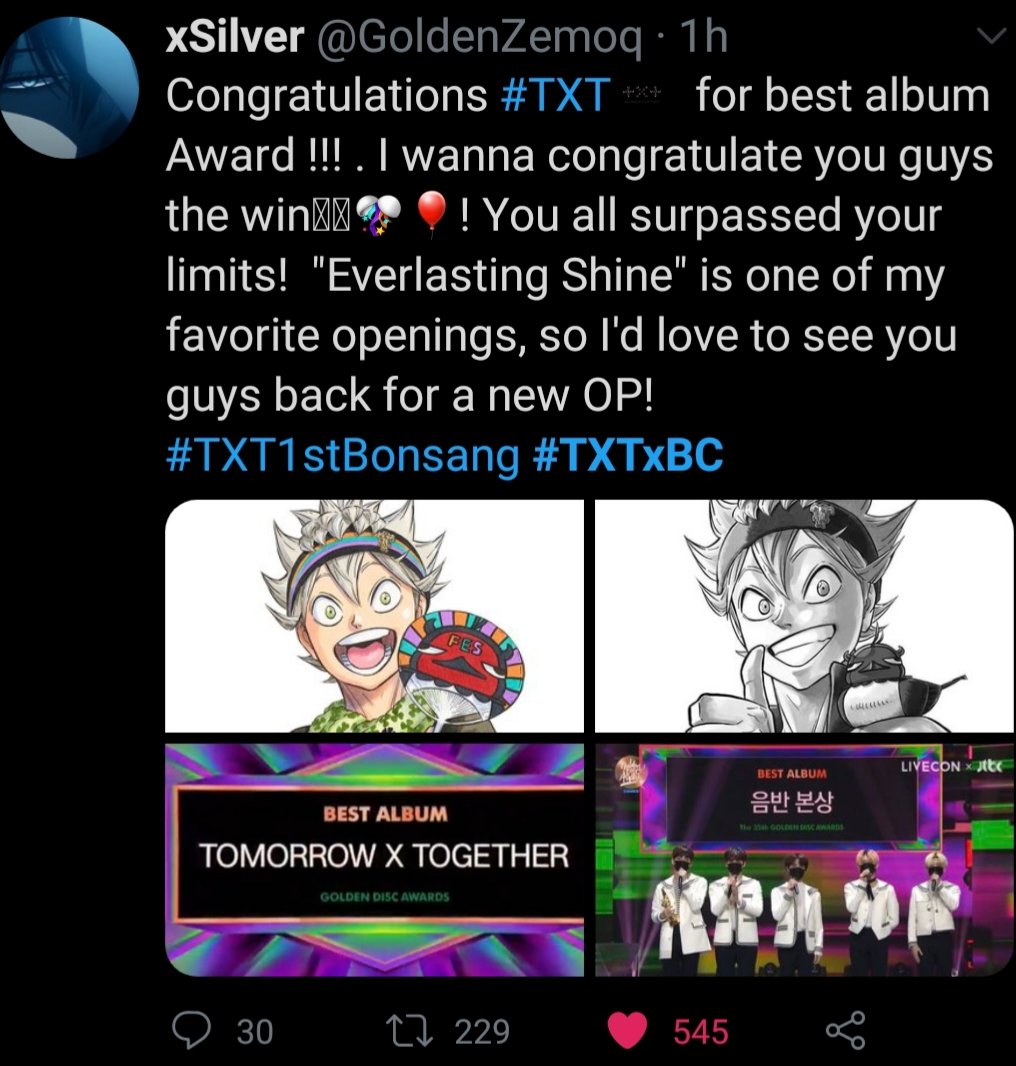 beomieslaugh's tweet photo. Please this is so cute! The way Black Clover fans took a moment to appreciate &amp; congratulate our boys is so precious❤ I love this bond :)
You are all the sweetest <3

#TXT1stBonsang #TXTonGDA #TOMORROW_X_TOGETHER 
#투모로우바이투게더 
@TXT_members @TXT_bighit
#TXTxBC https://t.co/F5SpF5QbK3