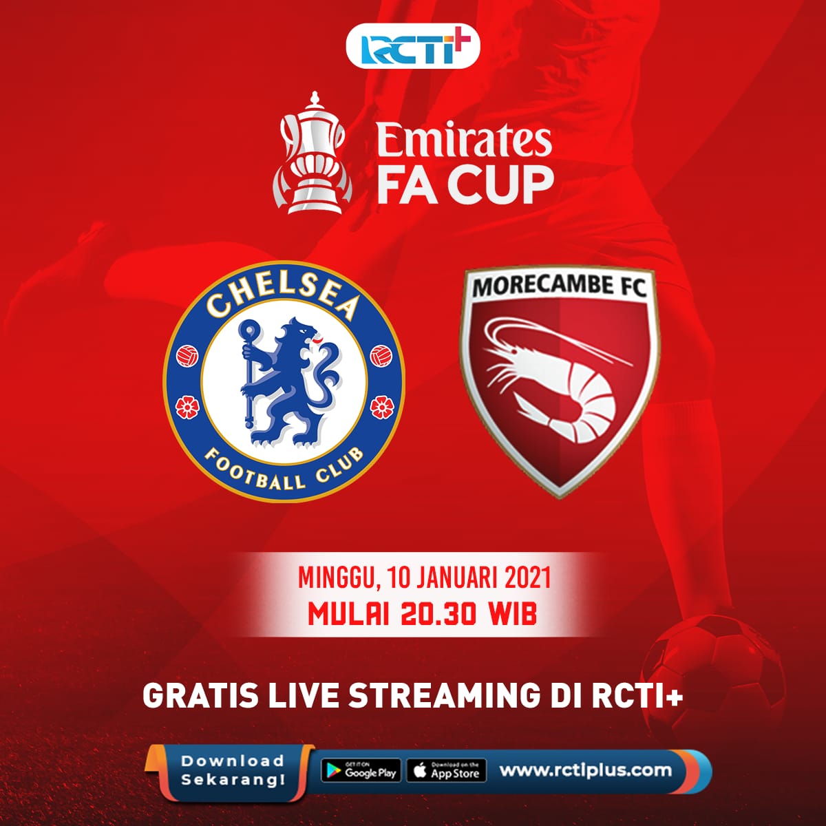 RCTIPlus's tweet photo. Saksikan pertandingan antara Chelsea vs Morecambe FC gratis live streaming di RCTI+ malam ini mulai pukul 20.30 WIB

Link streaming: https://t.co/EjyyTasuwx

#FAcup #RCTIPlusAda https://t.co/ZQRiO7jAcn