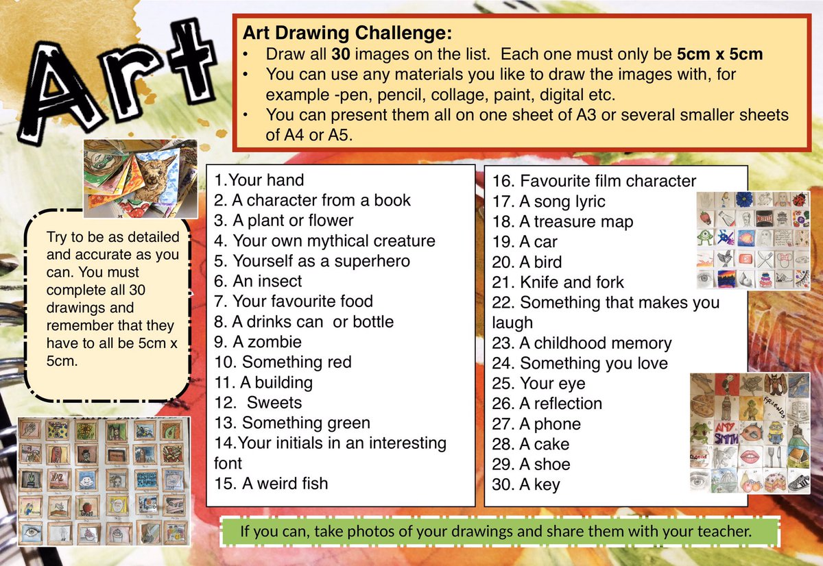 LouiseClazey's tweet photo. Thought I’d share these again-might be useful for anyone looking for remote learning art tasks.All students need is a piece of paper &amp; pencil,and each drawing could take about 30 mins to complete.Also means less screen time for students which is important.Feel free to use🙂 https://t.co/YDZTWRXEIw