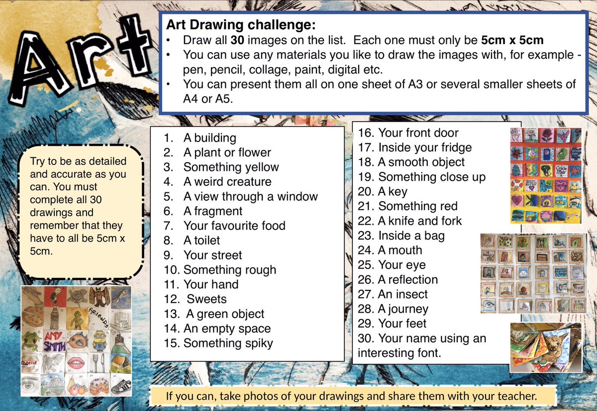 LouiseClazey's tweet photo. Thought I’d share these again-might be useful for anyone looking for remote learning art tasks.All students need is a piece of paper &amp; pencil,and each drawing could take about 30 mins to complete.Also means less screen time for students which is important.Feel free to use🙂 https://t.co/YDZTWRXEIw