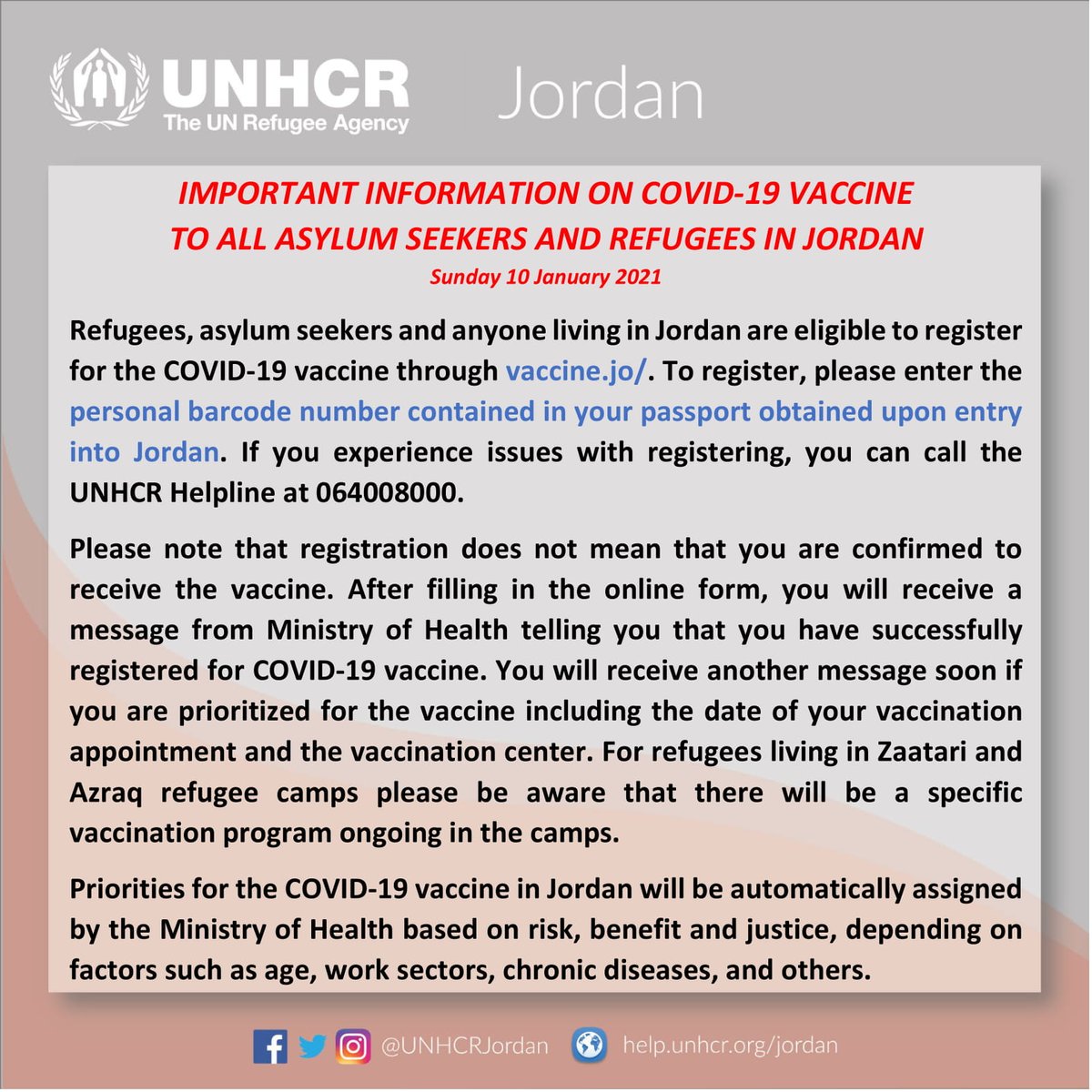 Refugees, asylum seekers and anyone living in Jordan is eligible to register for the COVID-19 vaccine!

Inclusion of ALL is essential in stopping the spread of the virus

For more info and to sign up visit: vaccine.jo