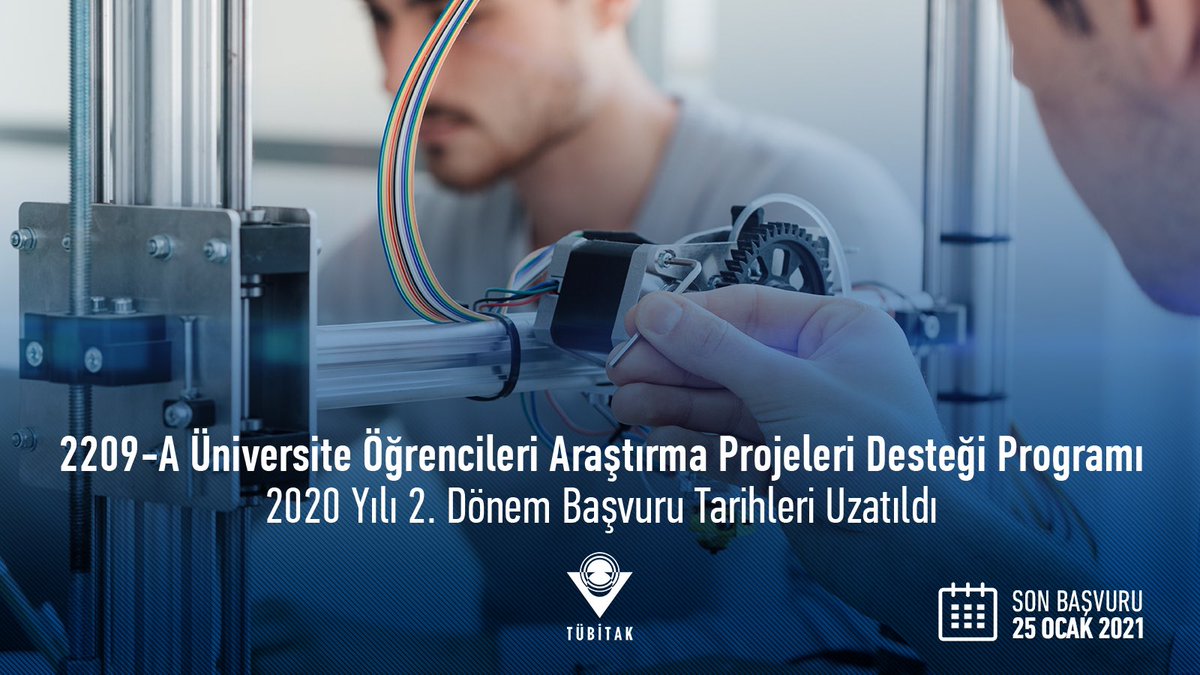 Üniversite Öğrencileri Araştırma Projeleri Destek Programı Başvuruları Uzatıldı

👩‍🎓🧑‍🎓 Lisans öğrencilerimizin araştırma projelerini desteklediğimiz programın son başvuru tarihi 🗓 25 Ocak 2021.

Detaylar👉tubitak.gov.tr/tr/duyuru/2209…